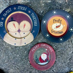 3 Barbara Lloyd Folk Art Primitive Christmas Snowman /Santa Hanging Wooden Plate
